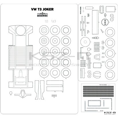 Volkswagen Transporter T3 Westfalia – szkielet, detale i bieżniki wycinane laserowo – 1:25 – Answer 650